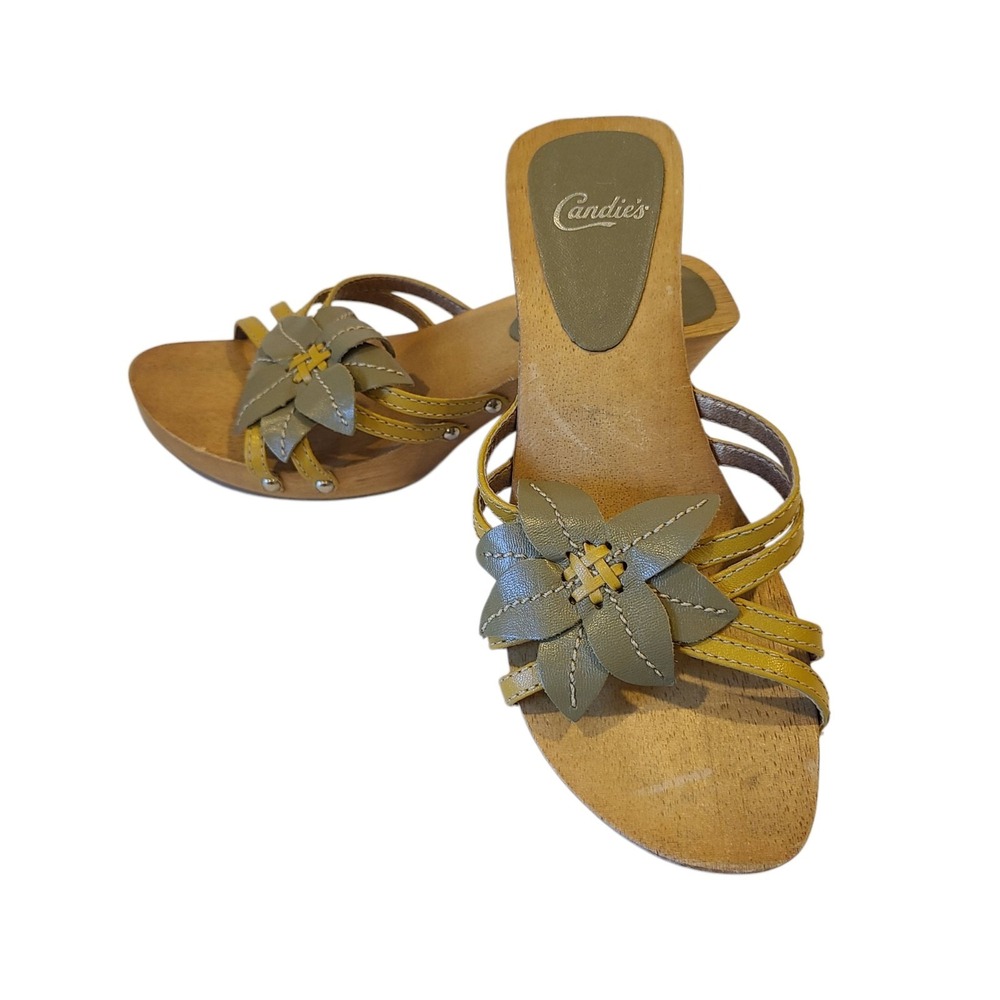 VTG Candies Leather Wooden Platform 6.5 Flower Y2K Heels Sandals Yellow Brown